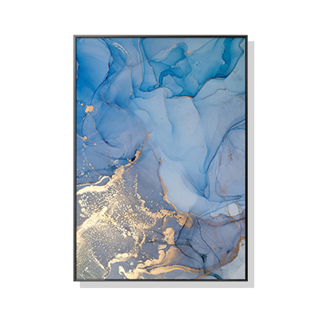 V207-1477-66238-00 Wall Art 70cmx100cm Light Blue Marble With Gold Splash Black Frame Canvas - Image 1