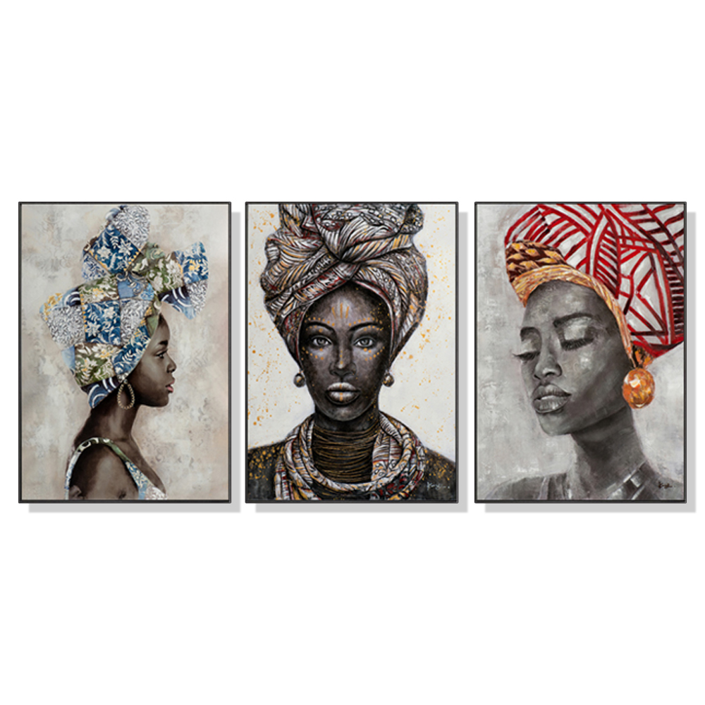 V207-16252-139832-00 Wall Art 80cmx120cm African women II 3 Sets Black Frame Canvas - Image 1