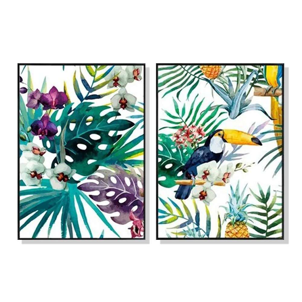 V207-16464-130733-00 Wall Art 100cmx150cm Toucan and orchid 2 Sets Black Frame Canvas - Image 1