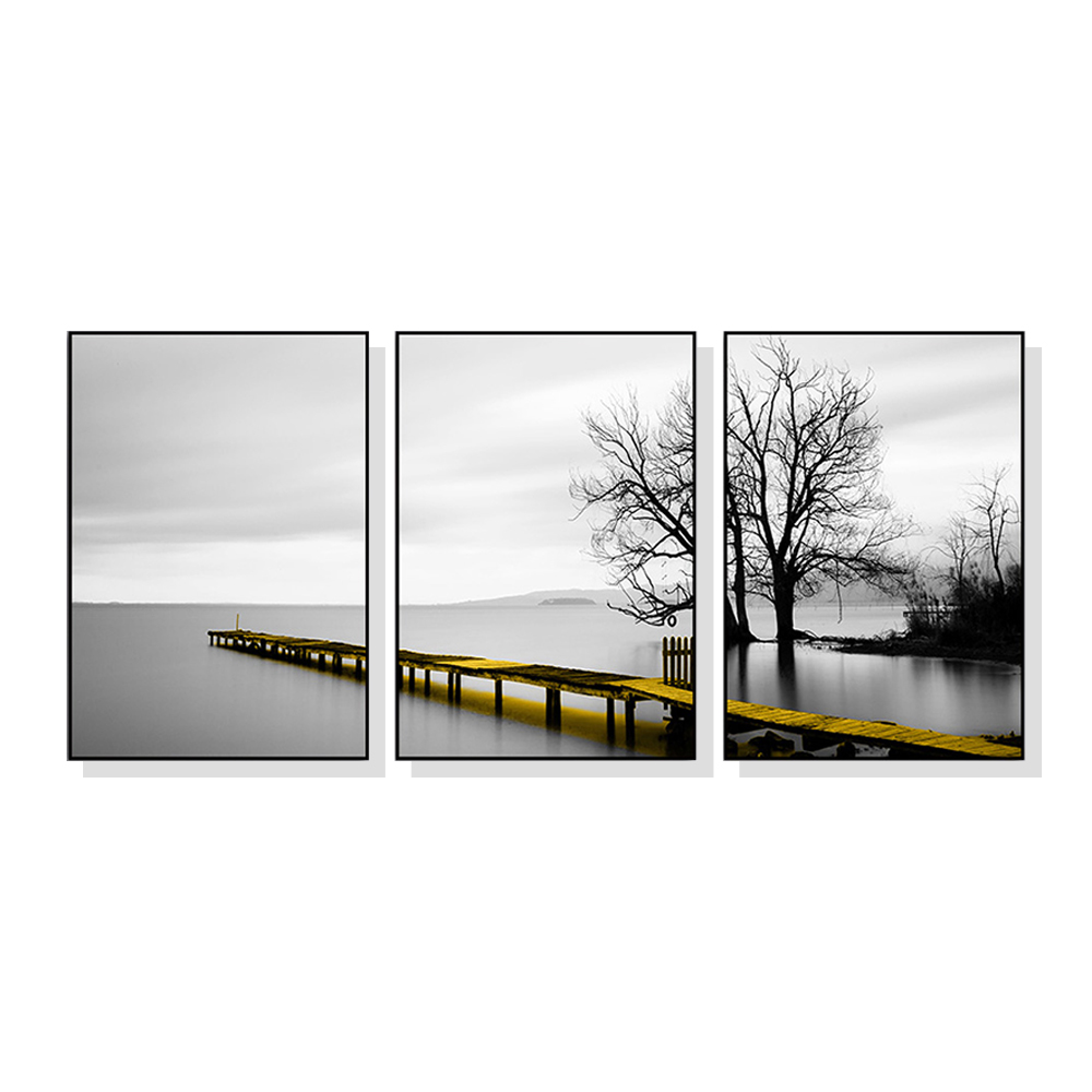 V207-1659-73374-00 Wall Art 40cmx60cm Calm Lake Bridge Tree Scene 3 Sets Black Frame Canvas - Image 1