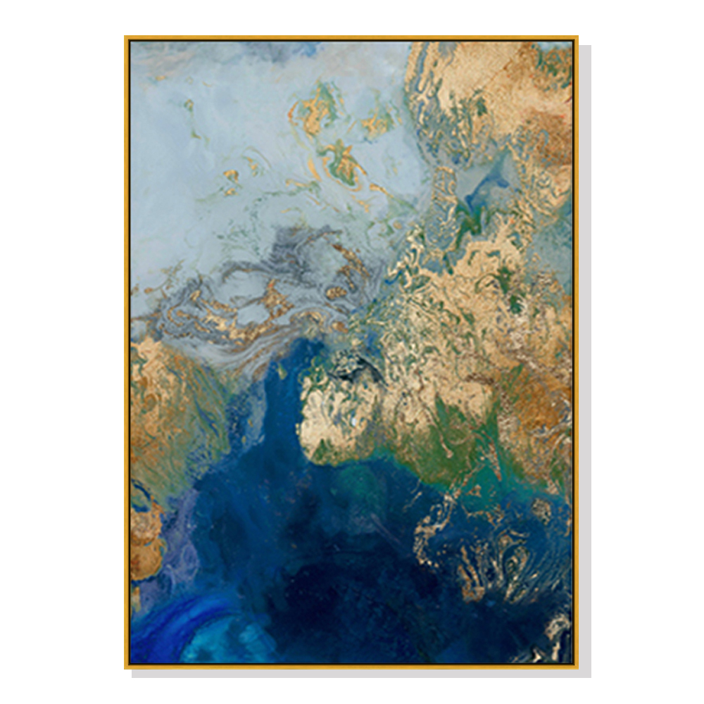 V207-1668-73394-00 Wall Art 80cmx120cm Marbled Blue Gold Artwork Gold Frame Canvas - Image 1