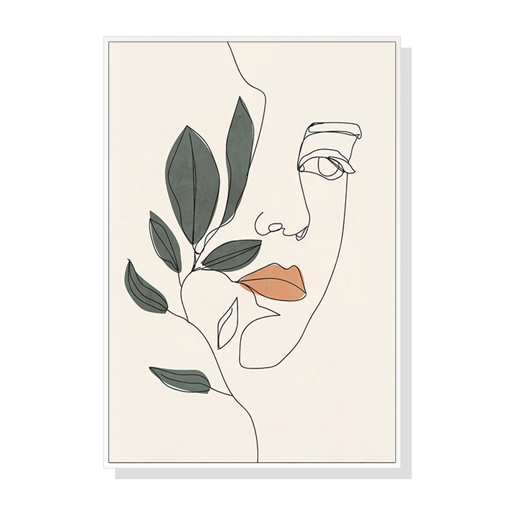 V207-1703-75076-00 Wall Art 80cmx120cm Line Art Girl Face White Frame Canvas - Image 1