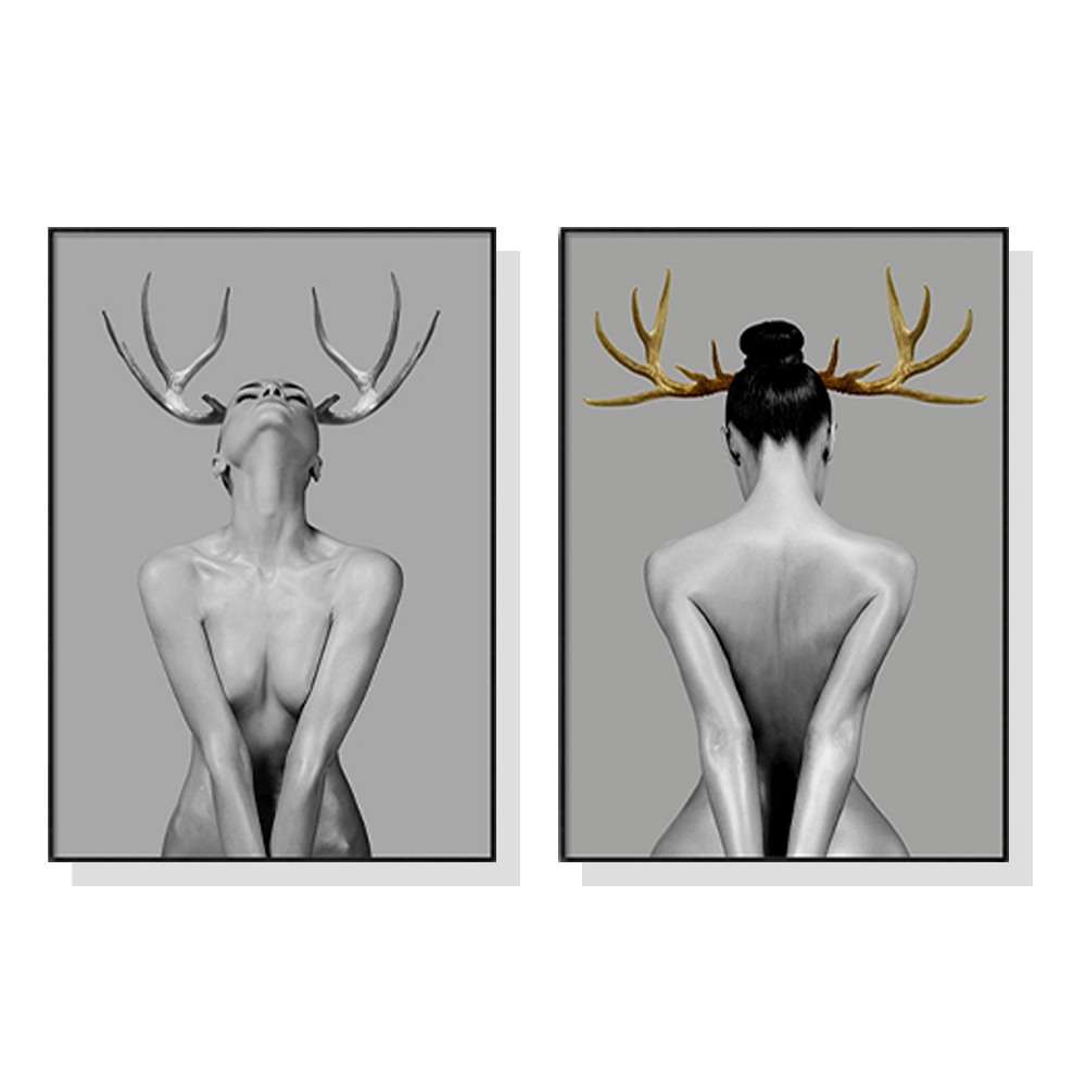 V207-17044-130892-00 Wall Art 100cmx150cm Girl With Gold Horn 2 Sets Black Frame Canvas - Image 1