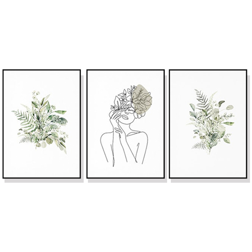 V207-1720-77367-00 Wall Art 50cmx70cm Botanical Line Girl 3 Sets Black Frame Canvas - Image 1