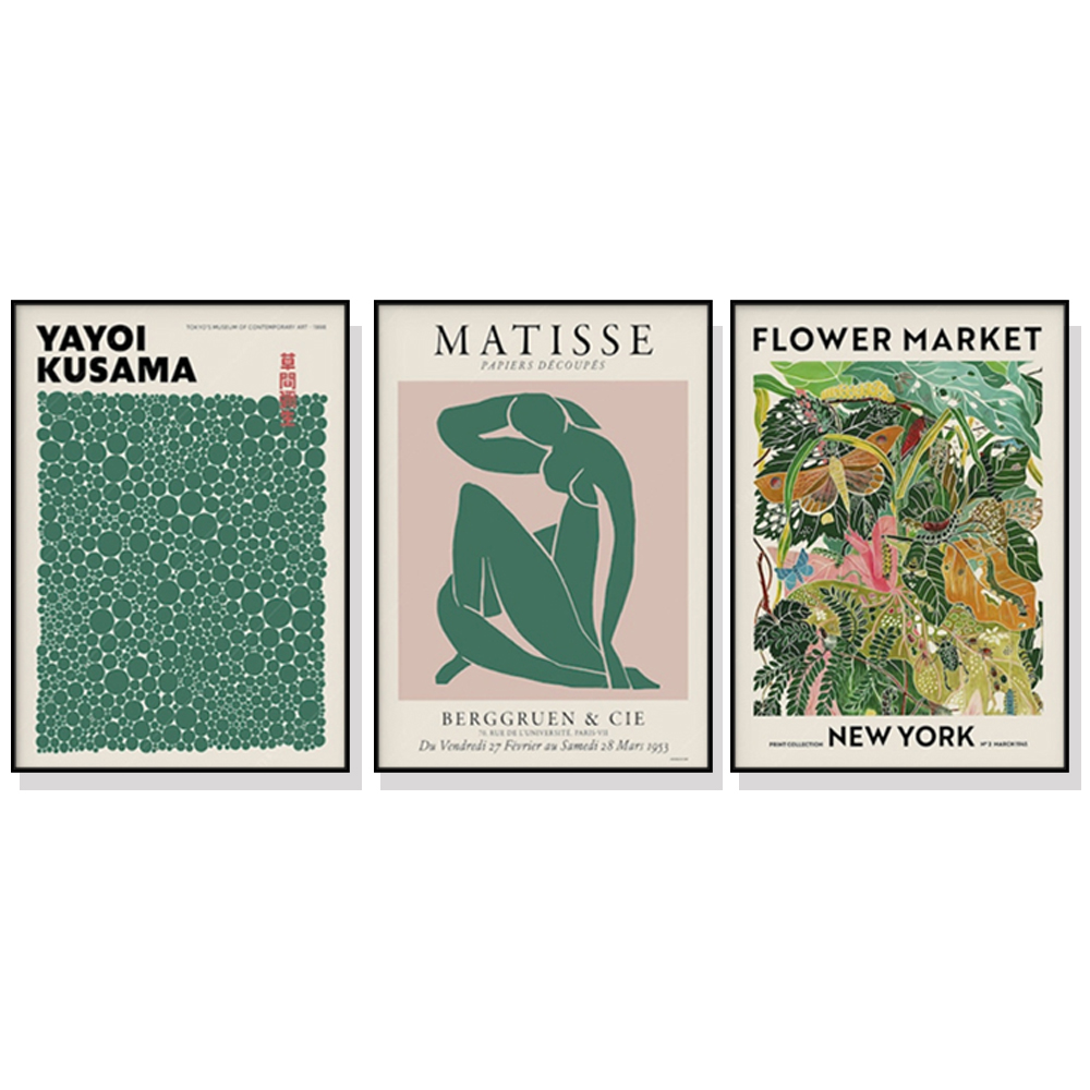 V207-17402-130864-00 Wall Art 80cmx120cm Flower Market, Matisse Print, Yayoi Kusama 3 Sets Black Frame Canvas - Image 1