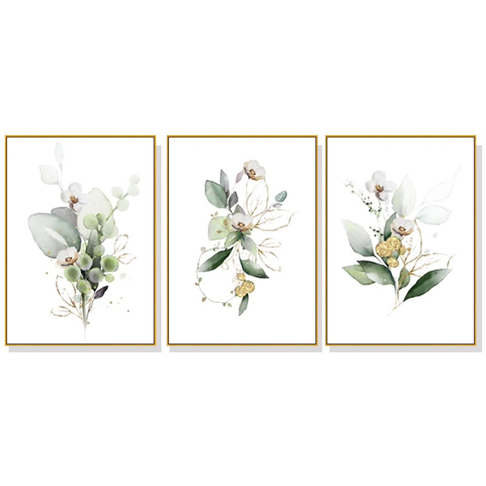 V207-1777-78823-00 Wall Art 60cmx90cm Green and Gold Watercolor Botanical 3 Sets Gold Frame Canvas - Image 1