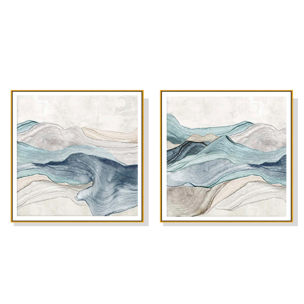 V207-20943-97561-00 Wall Art 90cmx90cm Blue Mountain 2 Sets Gold Frame Canvas - Image 1