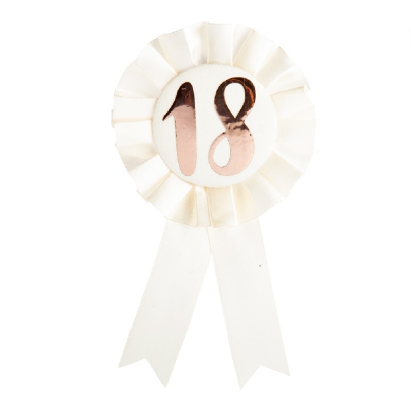 V210-2671076-89379-00 18th Birthday Rose Gold on White Rosette Badge - Image 1