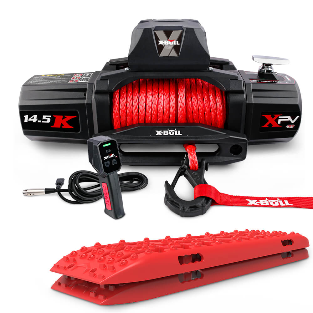 V211-AUEB-AXEW016RT006-89484-00 X-BULL 14500LBS Electric Winch 12V synthetic rope with Recovery Tracks Gen3.0 Red - Image 1