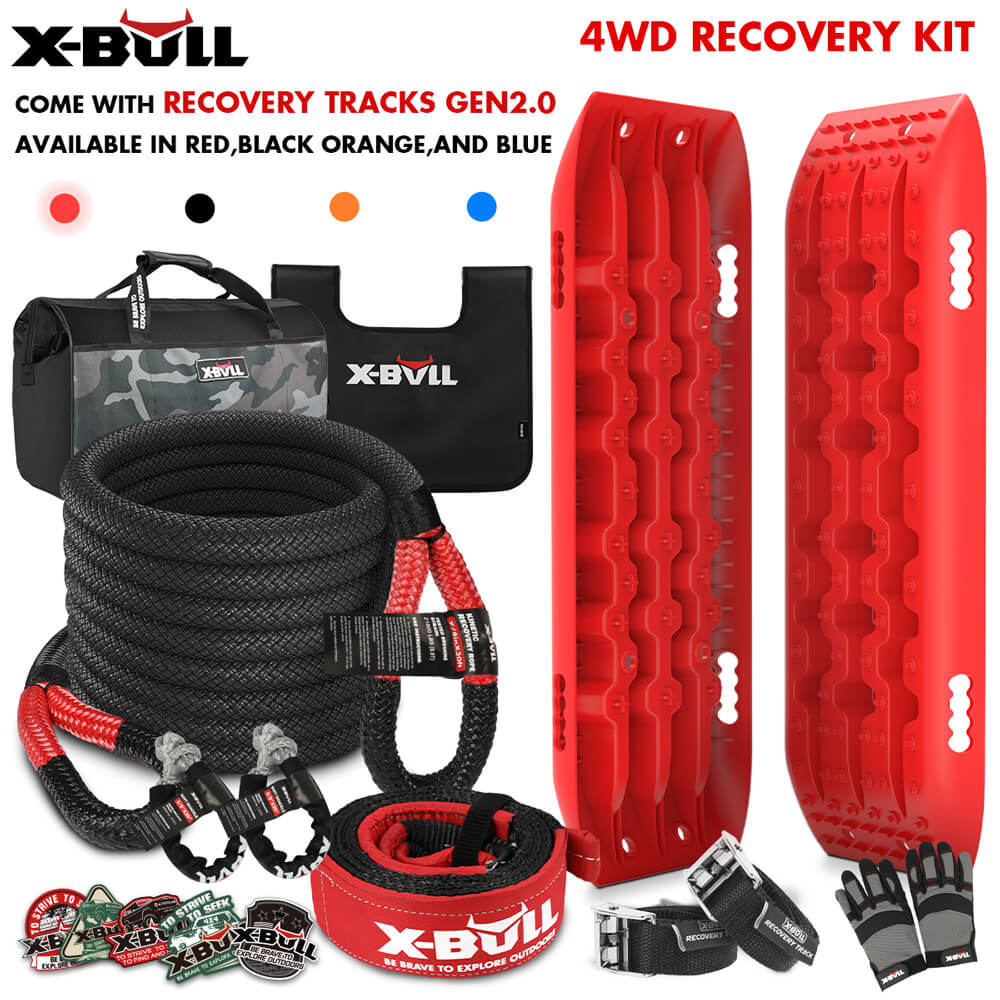 V211-AUEB-XBRK013ST001N-174796-00 X-BULL 4X4 Recovery Kit Kinetic Recovery Rope Snatch Strap With 2PCS Recovery Tracks 4WD Gen2.0 Red - Image 1