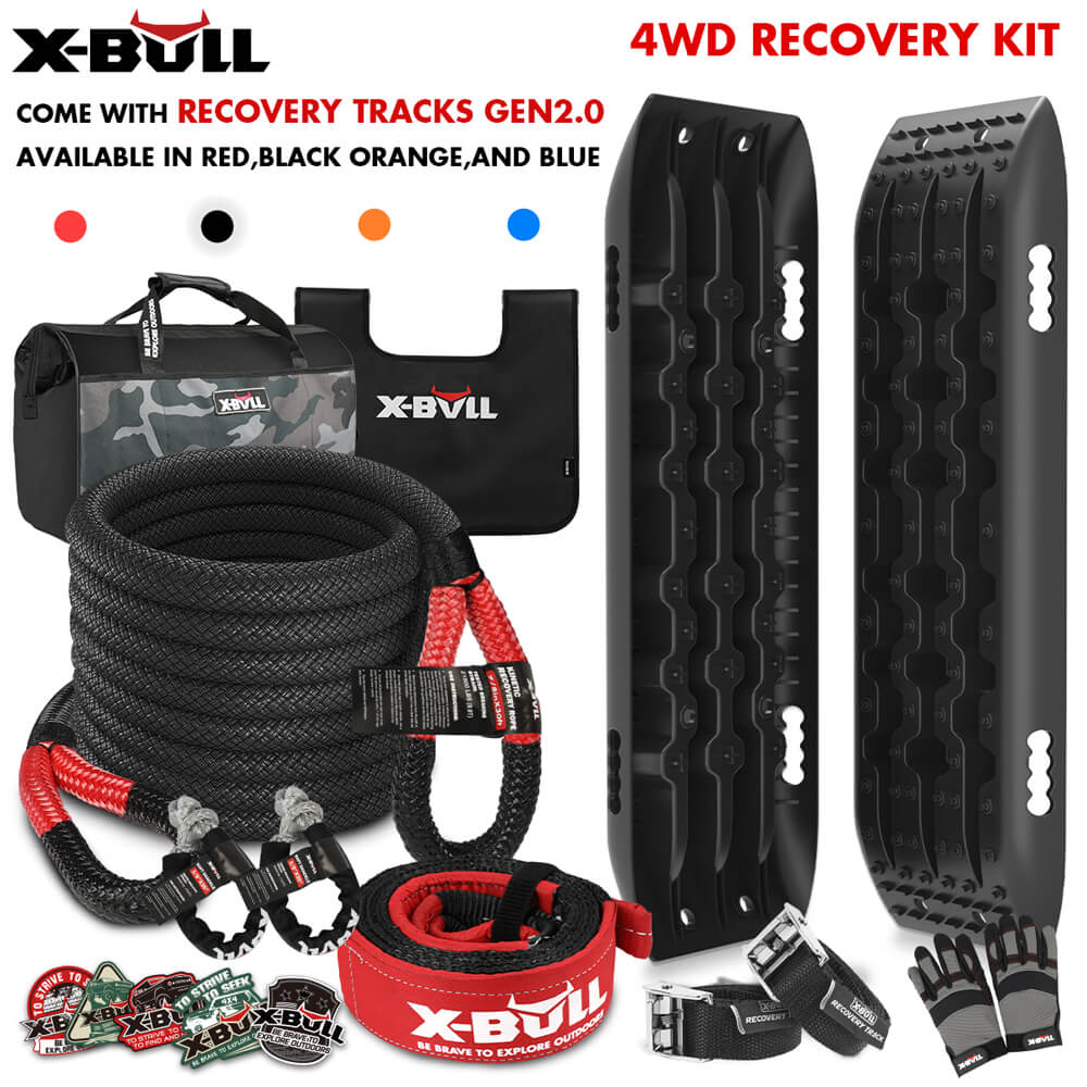 V211-AUEB-XBRK013ST002N-174795-00 X-BULL 4X4 Recovery Kit Kinetic Recovery Rope Snatch Strap With 2PCS Recovery Tracks 4WD Gen2.0 Black - Image 1
