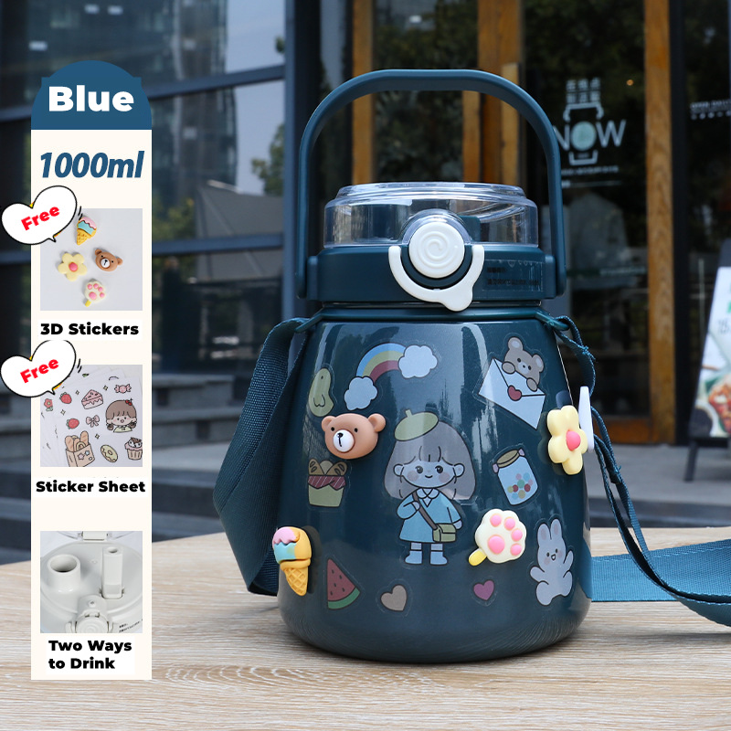 V213-BOTTLE02-BLU_KFRT31a_1 1000ml Large Water Bottle Stainless Steel Straw Water Jug with FREE Sticker Packs (Blue) - Image 1
