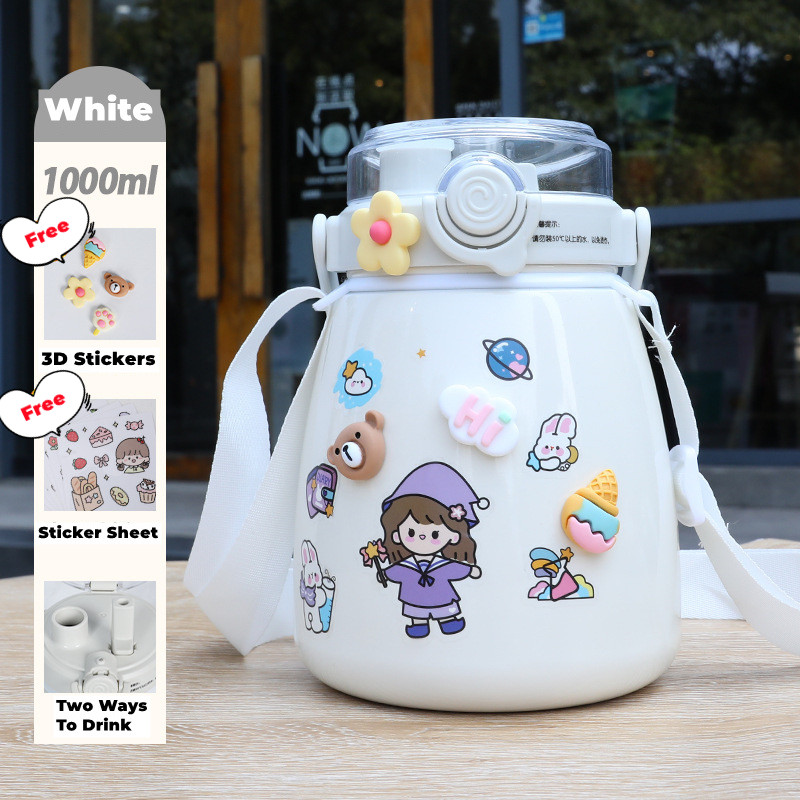 V213-BOTTLE02-WHT_Qhphj6t_1 1000ml Large Water Bottle Stainless Steel Straw Water Jug with FREE Sticker Packs (White) - Image 1