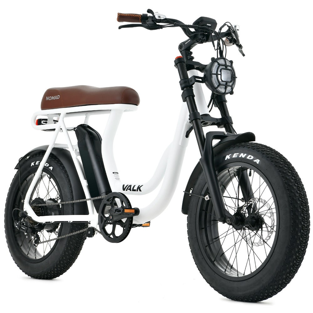 V219-BIKSRFVAS4WA-225569-00 VALK Nomad Electric Fat Tyre Bike, 350W, 32km/hr, Throttle ebike, Disc Brakes, Step-Through Alloy, Shimano 7 spd, 20x4" Kenda Tyres, Suspension, White - Image 1