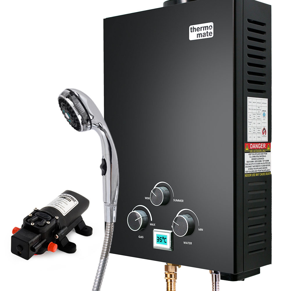 V219-CMPWHTTHBK2A-225341-00 Thermomate Portable Gas Outdoor Camping Hot Water Heater System, with 12V Pump, Shower Head, Black - Image 1