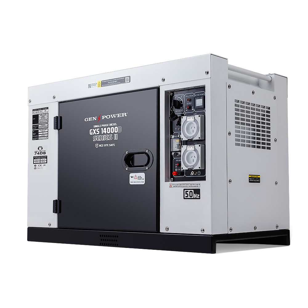 V219-GEN1DSGPRA14K-74046-00 GENPOWER 8.4kW Peak 6kW Rated Commercial Diesel Generator, RCD Safety Switch, Electric Key Start, 2 x 15A, Single Phase - Image 1