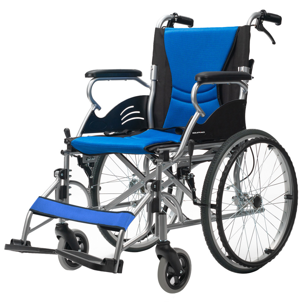 V219-HECWLCEQB2BL-225340-00 EQUIPMED Folding Aluminium Wheelchair, 20" Wheels, Park Brakes, 100kg Capacity, Blue - Image 1