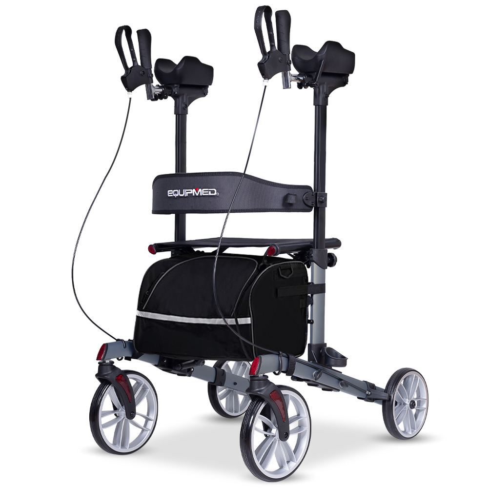 V219-HELRLTEQU5GA-225350-00 EQUIPMED Upright Rollator Walker with Forearm Rest Supports, Mobilty Aid with Seat, Grey - Image 1
