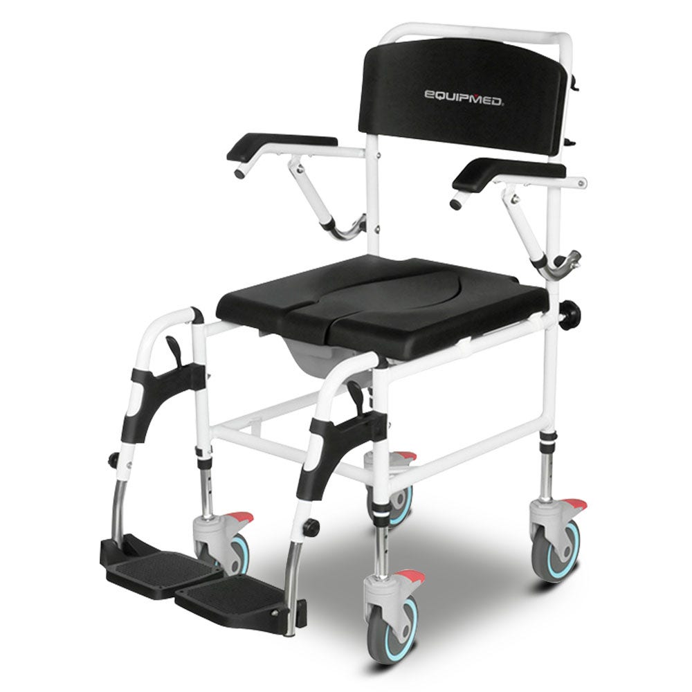 V219-HELSBSEQCC5A-202504071235-00 Equipmed Commode Shower Chair, Over Toilet or Bedside 136kg Capacity Aluminium frame with Wheels, Black - Image 1