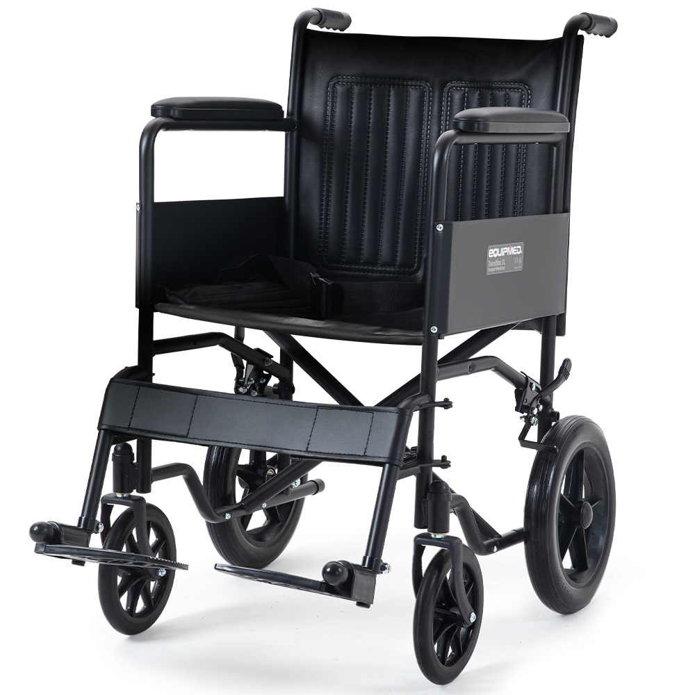 V219-HELWLCEQB51A-225376-00 EQUIPMED Folding Transit Manual Wheelchair, Attendant Propelled, Steel Frame, Wide Seat, Comfortable for S-XL, 114kg Capacity, Park Brakes, Transport - Image 1