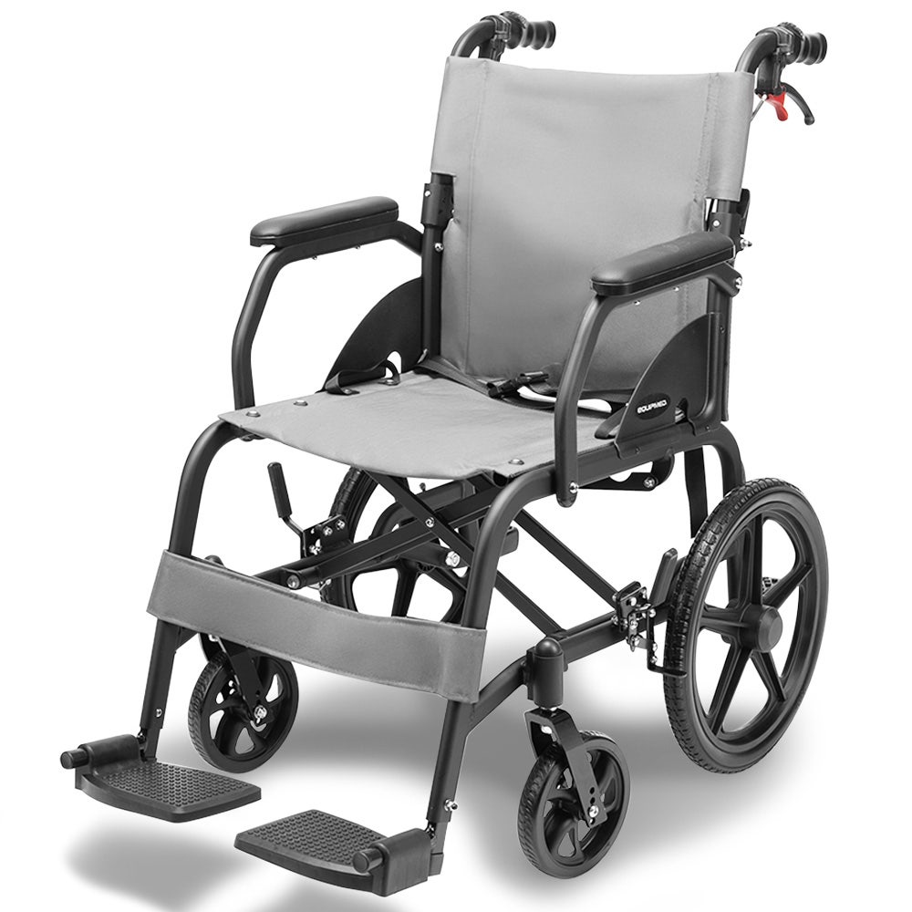 V219-HELWLCEQG41A-202505291909-00 Equipmed Folding Transit Wheelchair, Lightweight Aluminium for Easy Transport, Grey - Image 1