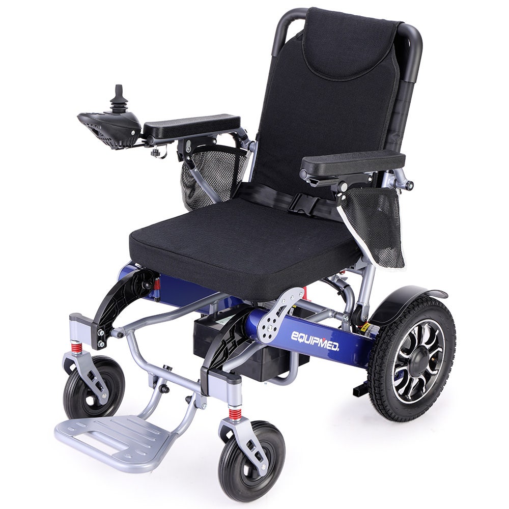 V219-HELWLCEQPKB6A-202505201206-00 EQUIPMED Power Electric Wheelchair, Long Range, Airline Approved, Folding, Aluminium Frame, Lithium Battery, Blue - Image 1