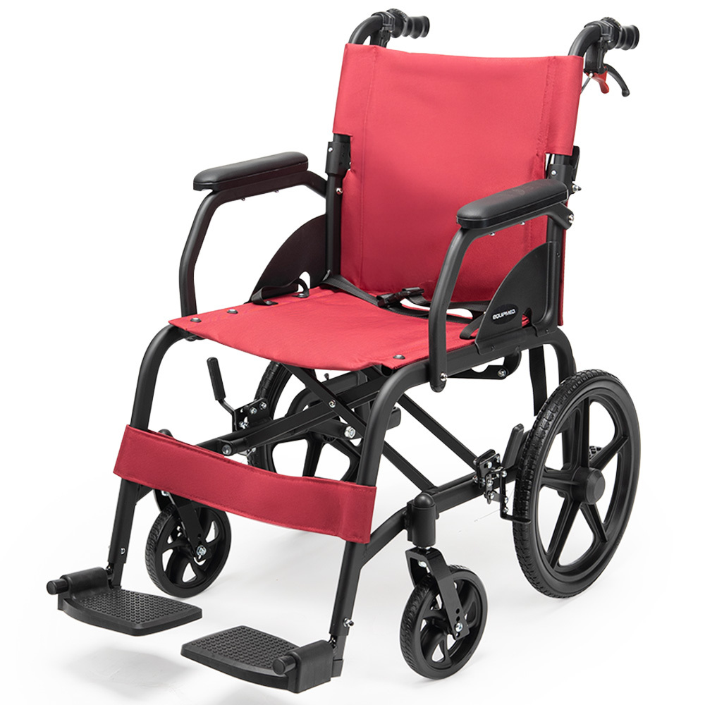 V219-HELWLCEQR41A-225380-00 Equipmed Folding Transit Wheelchair, Lightweight Aluminium for Easy Transport, Crimson Red - Image 1