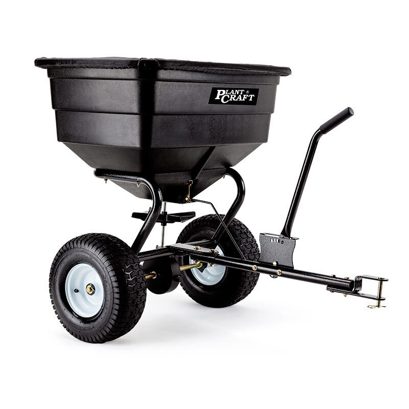 V219-MOWCRTPLTAB90-45066-00 PLANTCRAFT Tow Behind Broadcast Spreader 90kg 105L Seed Fertiliser Tow Rotary - Image 1