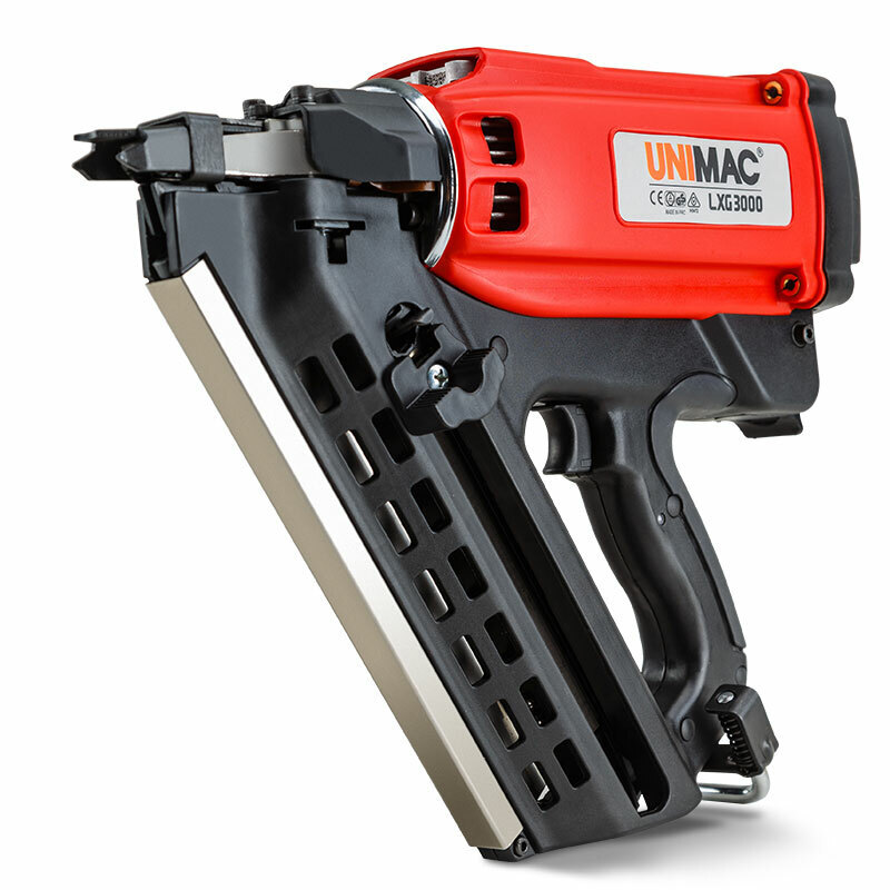 V219-NALGASUMCA34D-NALGASUMCA34D-00 UNIMAC LXG3000 50-90mm 34-Deg Cordless Gas Framing Nail Gun, Commercial Gas Nailer, with 2 Li-Ion Batteries - Image 1
