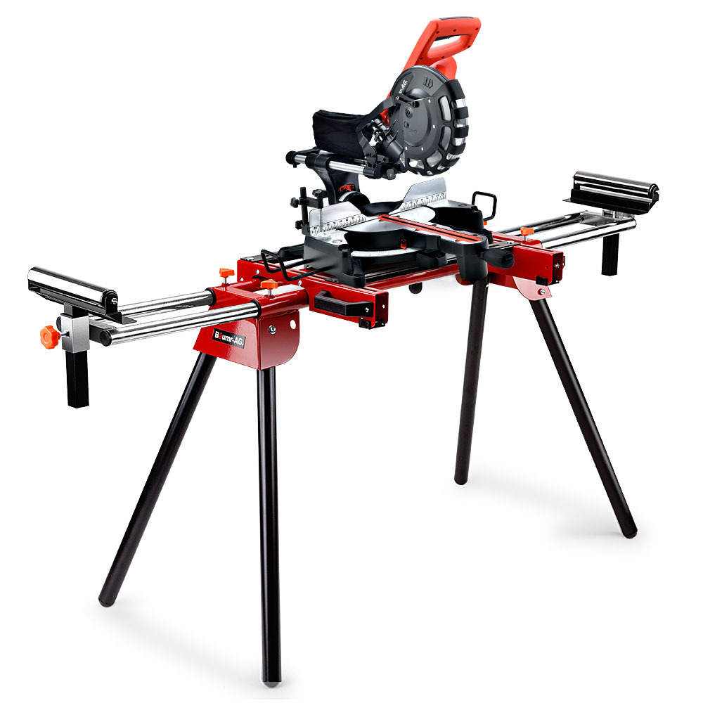V219-SAWMTRBM25DF17-74306-00 BAUMR-AG 254mm Sliding Compound dual Mitre Drop Saw and Adjustable Stand Combo - Image 1