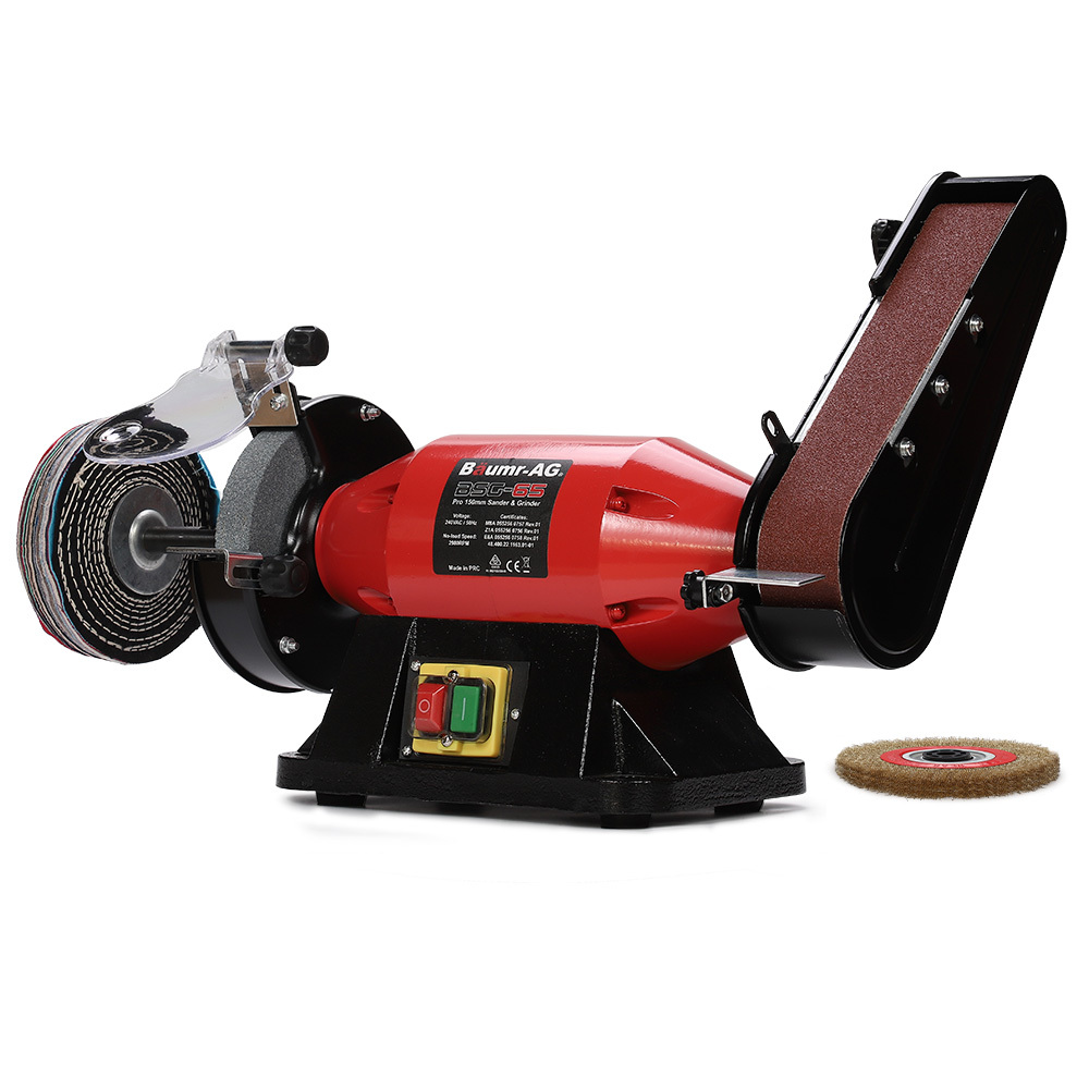 V219-SNDBELBMG65A-225679-00 BAUMR-AG Bench Grinder Sander and Polisher Combo, 150mm Grinding Wheel, 50mm Linisher, 520W Brushless Motor, w/ Wire and Buffing Wheels - Image 1