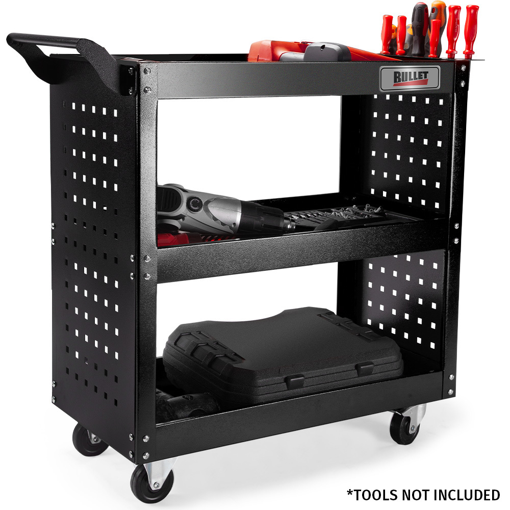 V219-STRTCTBU2BKA-202505071543-00 Bullet 3-Tier Steel Tool Trolley Cart, for Workshop, Mechanic, with Pegboard, Screwdriver Bay, Black - Image 1