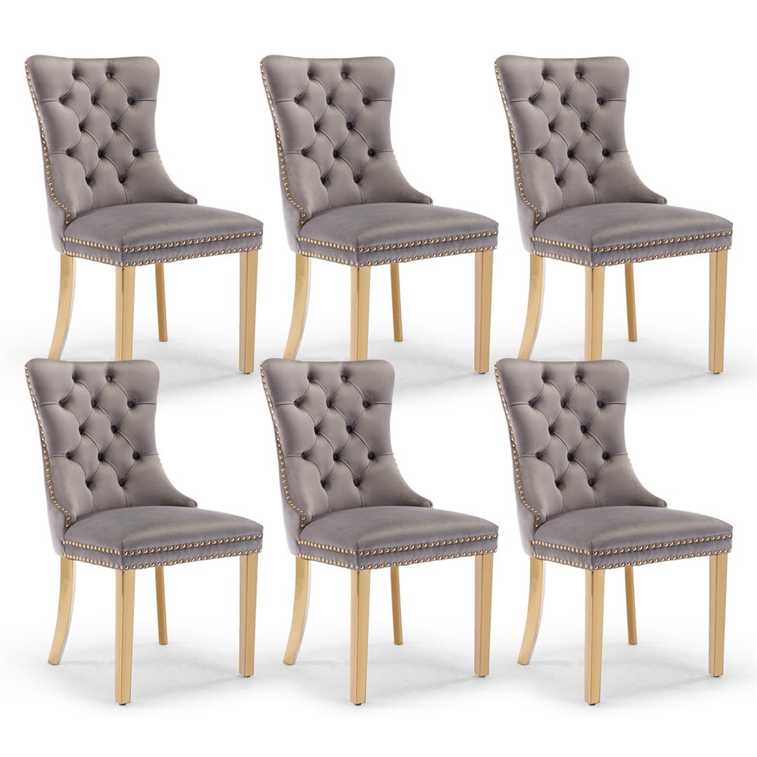 Version 1.0.0 AADEN 6x Velvet Dining Chairs with Golden Metal Legs-Grey - Image 1