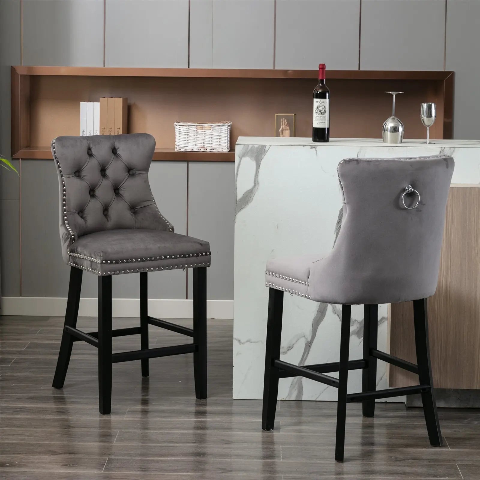 V226-SW1802GY-37320-00 2X Velvet Bar Stools with Studs Trim Wooden Legs Tufted Dining Chairs Kitchen - Image 1