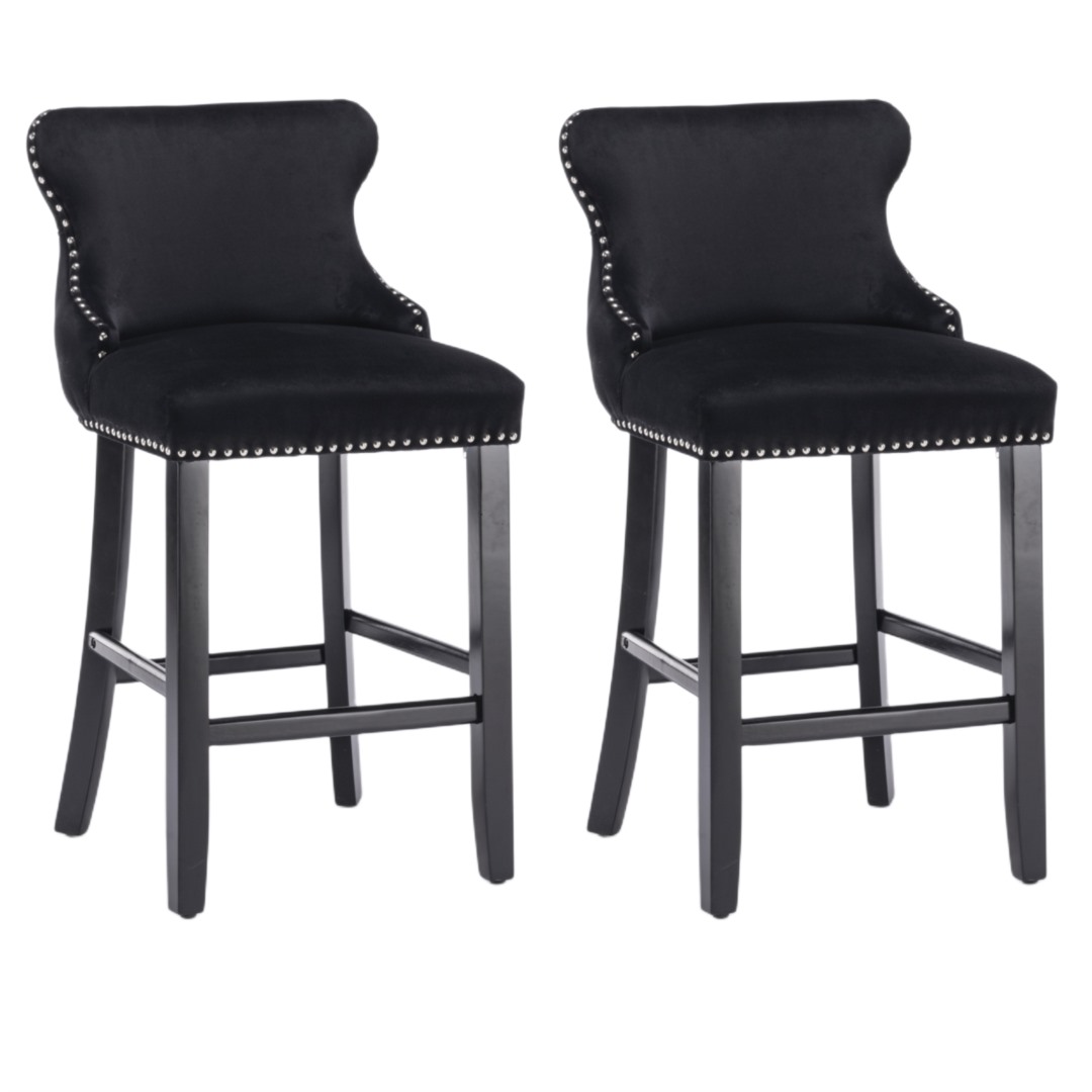V226-SW1824BK-c08c15_301f94ceba5c4ff79b0f436b8aabfce9_mv2-00 2x Velvet Upholstered Button Tufted Bar Stools with Wood Legs and Studs-Black - Image 1