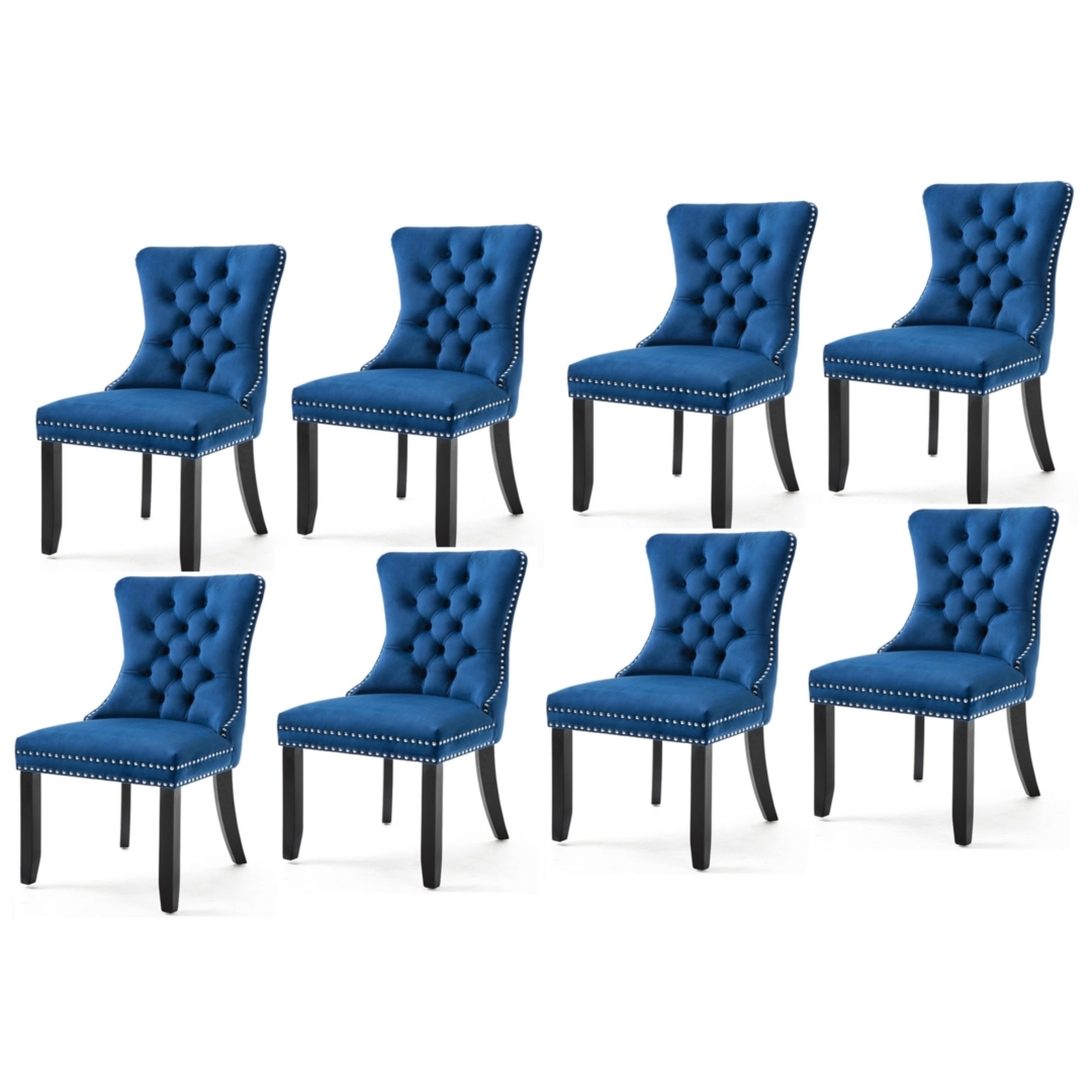 V226-SW1901BL-4-90892-00 8x Velvet Dining Chairs Upholstered Tufted Kithcen Chair with Solid Wood Legs Stud Trim and Ring-Blue - Image 1