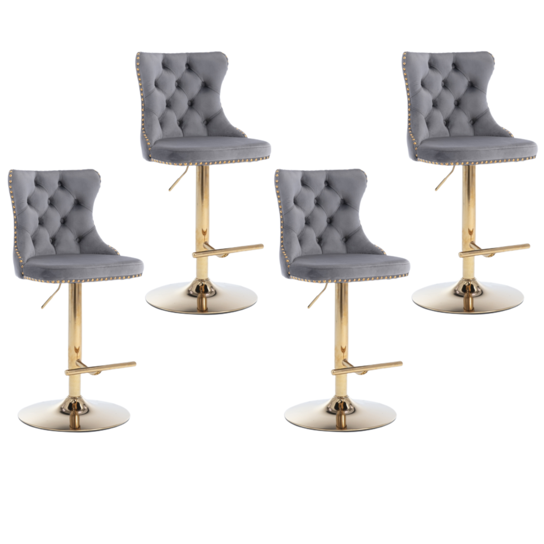 V226-SW1912GY-2-90883-00 4x Height Adjustable Swivel Bar Stool Velvet Studs Barstool with Footrest and Golden Base- Grey - Image 1