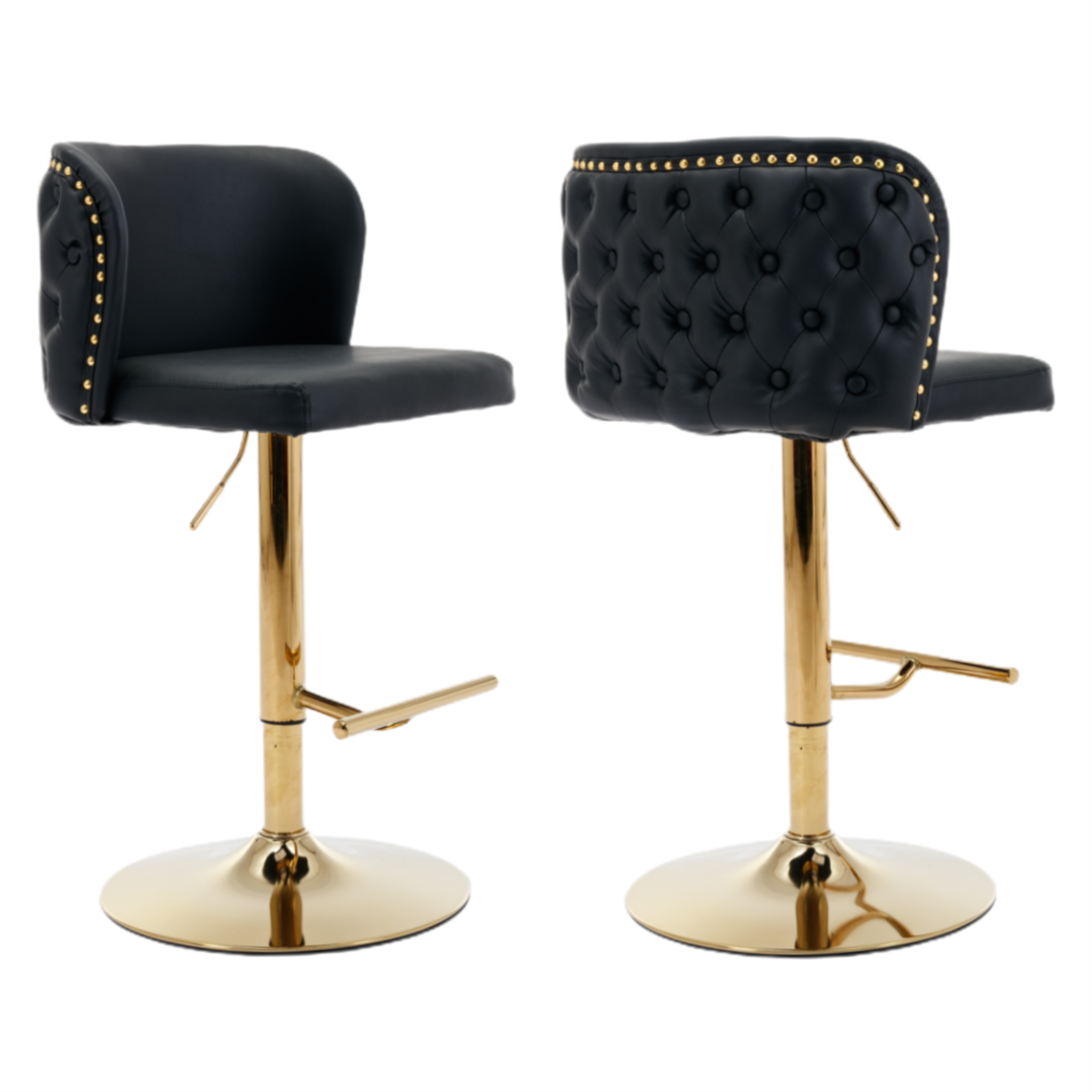 V226-SW1928BK-83775-00 2x Faux Leather Golden Base Swivel Bar Stools- Black - Image 1