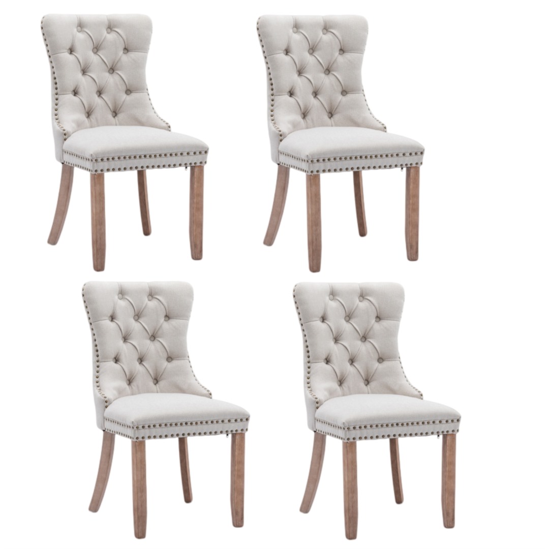 V226-SW6801BG-2-90882-00 4x AADEN Modern Elegant Button-Tufted Upholstered Fabric with Studs Trim and Wooden legs Dining Side Chair-Beige - Image 1