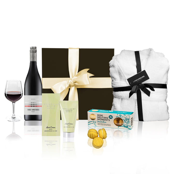 V232-PGHR0009_mothersdayhamperredwinenewyellowcookiewhiterobe_720x Luxury Red Wine Hamper - Image 1