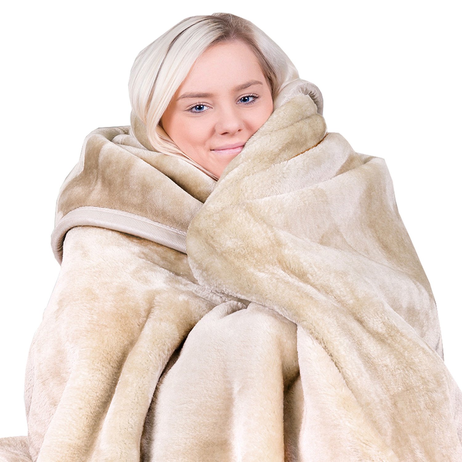 V240-MNKHV-BE-167571-00 Laura Hill 800-gsm Faux Mink Throw Rug Blanket Queen Size Double-sided Large 220 X 240cm Heavy - Cream - Image 1