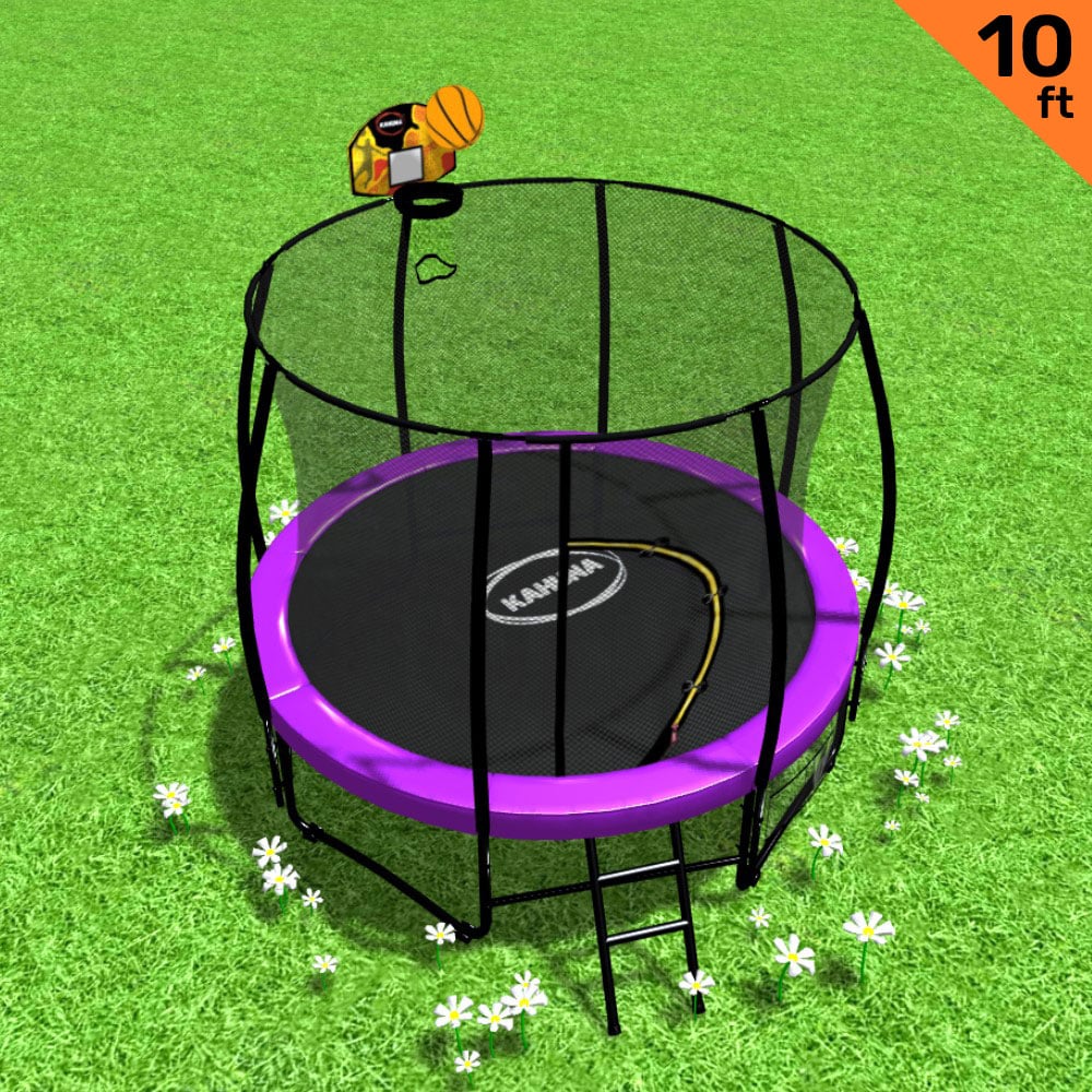 V240-TRA-KAH-10-PU-BB-75259-00 Kahuna 10ft Outdoor Trampoline With Safety Enclosure Pad Ladder Basketball Hoop Set Purple - Image 1
