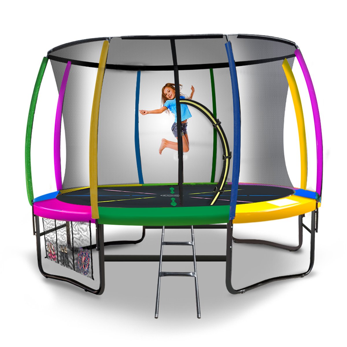 V240-TRA-KAH-10-RB-75019-00 Kahuna 10ft Outdoor Trampoline Kids Children With Safety Enclosure Pad Mat Ladder - Rainbow - Image 1