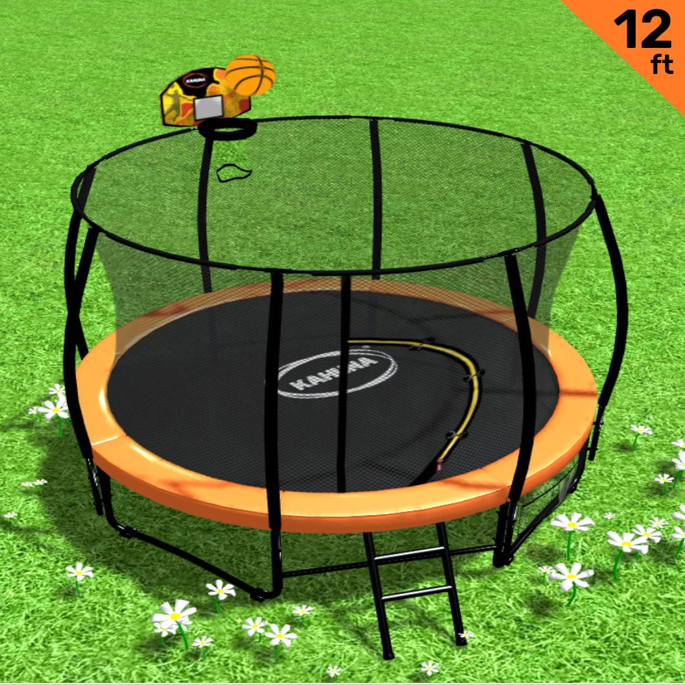 V240-TRA-KAH-12-OR-BB-76773-00 Kahuna 12ft Outdoor Trampoline Kids Children With Safety Enclosure Pad Mat Ladder Basketball Hoop Set - Orange - Image 1
