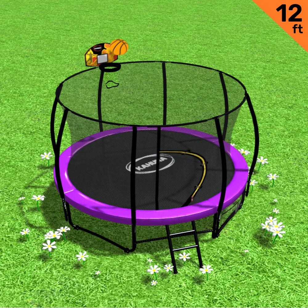 V240-TRA-KAH-12-PU-BB-76769-00 Kahuna 12ft Outdoor Trampoline Kids Children With Safety Enclosure Pad Mat Ladder Basketball Hoop Set - Purple - Image 1
