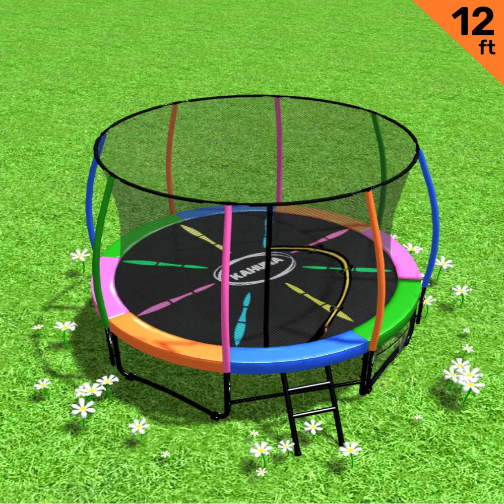 V240-TRA-KAH-12-RB-76768-00 Kahuna 12ft Trampoline Free Ladder Spring Mat Net Safety Pad Cover Round Enclosure - Rainbow - Image 1