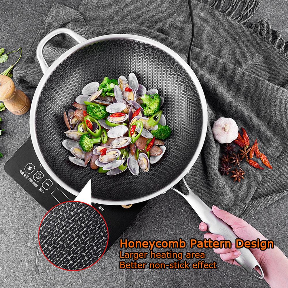 V255-316-34-NO-LID-52342-00 316 Stainless Steel 34cm Non-Stick Stir Fry Cooking Kitchen Wok Pan without Lid Honeycomb Double Sided - Image 1