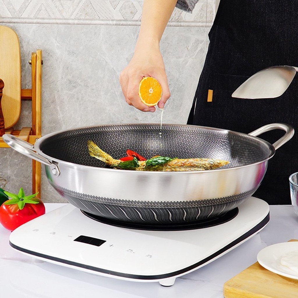 V255-34CM-EAR-NOLID-52330-00 304 Stainless Steel 34cm Double Ear Non-Stick Stir Fry Cooking Kitchen Wok Pan Without Lid Honeycomb Double Sided - Image 1