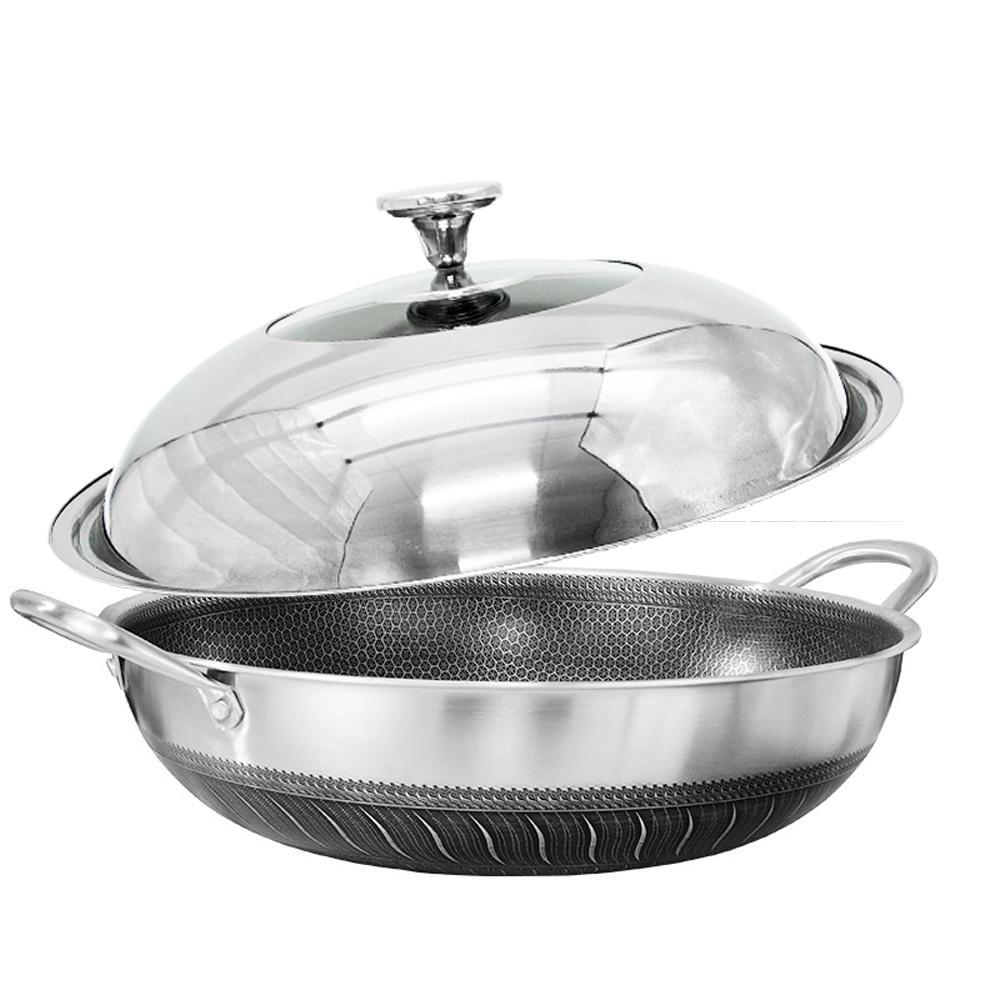 V255-36CM-EAR-LID-52349-00 Double Ear 304 Stainless Steel 36cm Non-Stick Stir Fry Cooking Kitchen Wok Pan with Lid Honeycomb Double Sided - Image 1