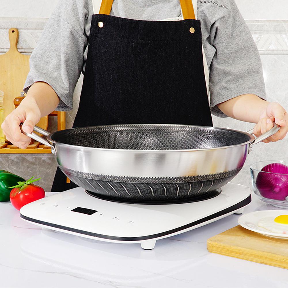 V255-38CM-DEAR-NOLID-52332-00 316 Stainless Steel 38cm Double Ear Non-Stick Stir Fry Cooking Kitchen Wok Pan without Lid Honeycomb Double Sided No Lid - Image 1